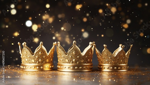 Three glittering golden crowns in the foreground against a dark background sprinkled with glowing dots.