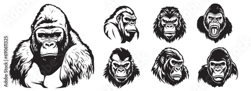 Set of angry gorilla and monkey heads, black and white illustrations