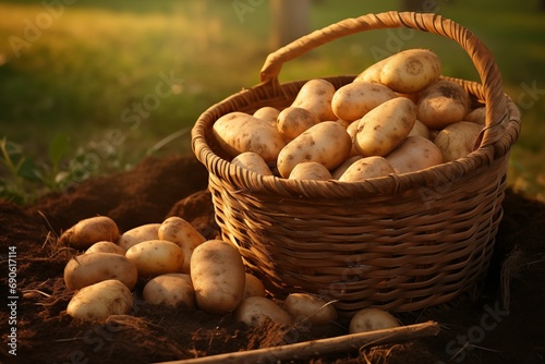 Cesto cheio de batatas no campo sobre o nascer do sol - Papel de parede