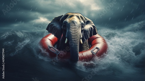 Surviving adversity and managing risk for big business challenges and uncertainty with a large elephant floating on a life preserver in a storm ocean back overcoming fear of loss for goal success.
