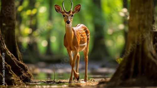 The image of a male barking deer walking for food in national park reflects of the lush World Heritage forest, raising awareness of conservation of wildlife and natural resource.