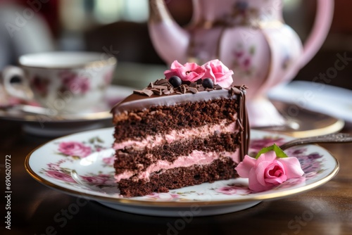 A slice of chocolate cake with roses served on a vintage saucer and dish