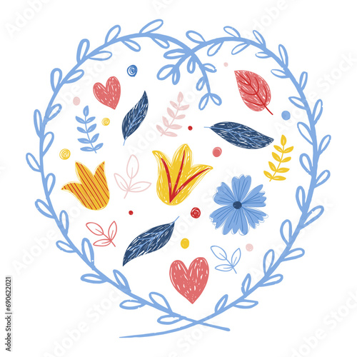 Bright yellow, blue flowers, leaves and heart on a white background, illustration for decoration of wallpapers, bugs, packaging, covers, posters and postcards