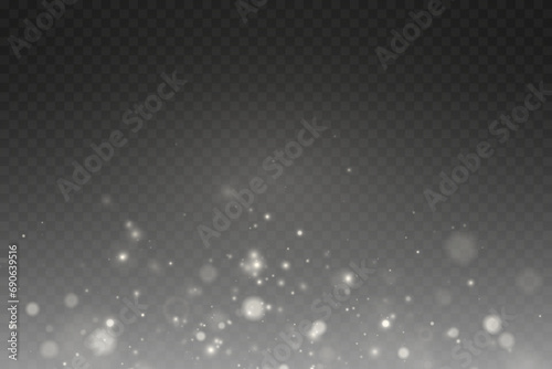 Christmas glowing bokeh confetti light and glitter texture overlay for your design. Festive sparkling white dust png. Holiday powder dust for cards, invitations, banners, advertising. 