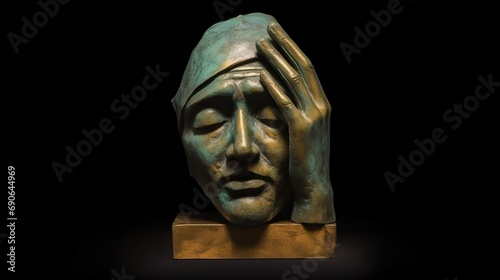 A bronze sculpture of a discombobulated Jiangshi head in hands, in the style of minimalism surrealism, foreshortening techniques, patina, fragmented structural forms, compromised integrity, sci-fi rea