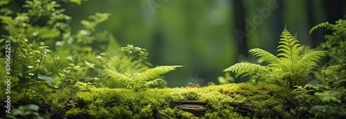 Enchanting mossy wonderland. Close up view of nature lush greenery. Captivating image showcases moss ferns and lichen creating vibrant tapestry on trees and rocks