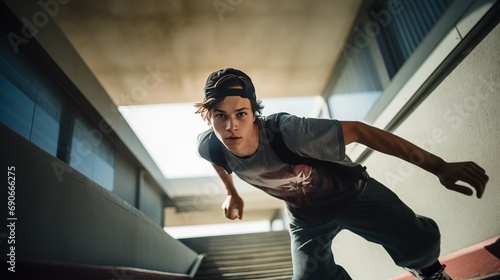 Close up young male skater or parkour jumper riding or jumping from the stairs urban energetic extreme sports lifestyle performance