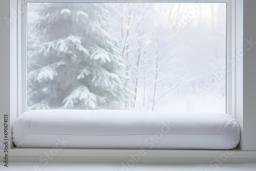 Draft excluder lying in front of window with snow outside to keep out cold air and save energy for heating in room