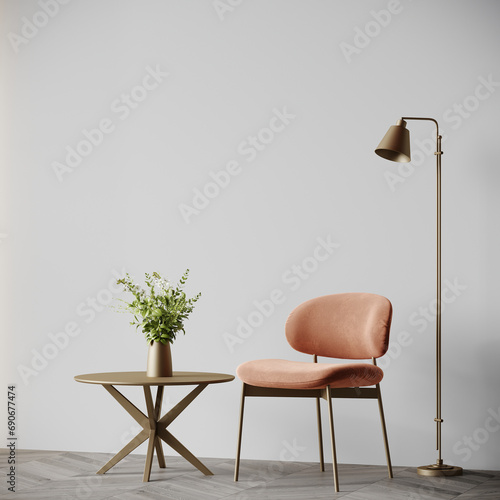 Peach fuzz trend color year 2024 in the luxury livingroom. Painted mockup gray wall for art, peach apricot beige pastel chair color. Modern room design interior home. Accent premium lounge. 3d render