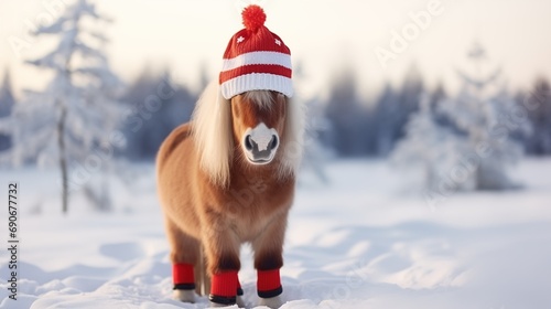 Funny miniature breed ponies dressed in Christmas Santa hats standing in a row on the snowy field in winter, Pet at Christmas, generative ai