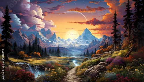 widok doliny z górami i kosmicznym niebie z kolorowymi chmurami na planecie