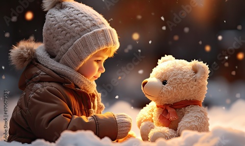 mała dziewczynka w zimowej czapce z pluszowym misiek na śniegu