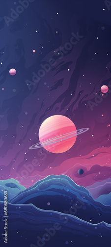 Design a cosmic-inspired wallpaper using minimal elements, incorporating stars, planets, and cosmic shapes for an otherworldly feel, vector, minimalist, procreate art, illustration, unreal engine 5