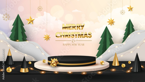Christmas banner for product demonstration. Black pedestal or podium with golden ribbon and origami Christmas trees, led light string.