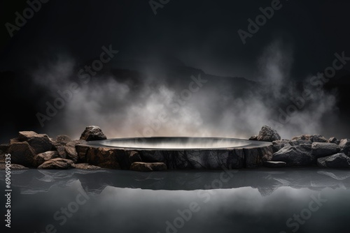 A hot spring surrounded by rocks and smoke