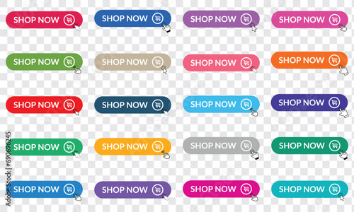 Shop now button with hand cursor. Buy now hand pointer clicking. Modern collection for web site. Click here banner with shadow. Click button isolated. Online shopping. Vector illustration.