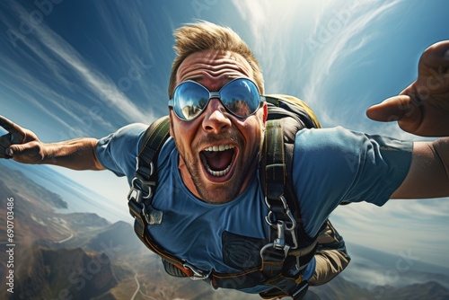 A man in a skydiver with his mouth open
