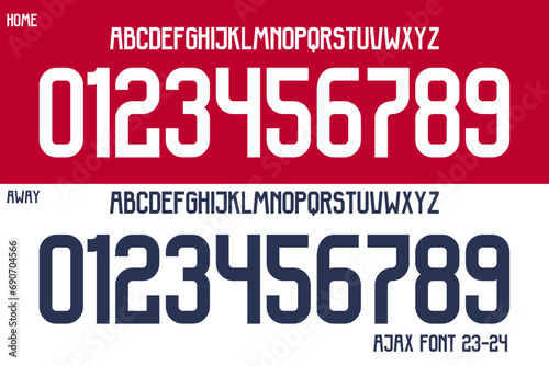 font vector team 2023 - 24 kit sport style font. football style font with lines and points inside. Ajax font. sports style letters and numbers for soccer team. Netherlands league