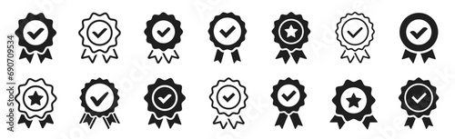 Approval check big icon set. Verified, certified, medal, correct mark, award ribbon, badge, quality certify sign - stock vector