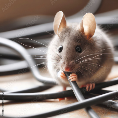 Gray Mouse Chewing on Electrical Wires. ai generative