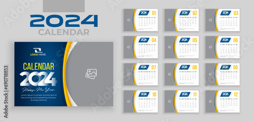 Desk Calendar design for 2024. week starts on Sun. Set of 12 calendar pages vector design print template with place for photo and company logo, editable vector illustration