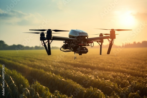 Drone releasing insecticides over agricultural fields, Expansive farmland with a focus on drone technology in action, the precision and efficiency of aerial insecticide application