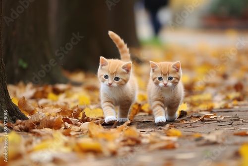 Two cute fluffy pussy cats walk together in a sunny autumn garden