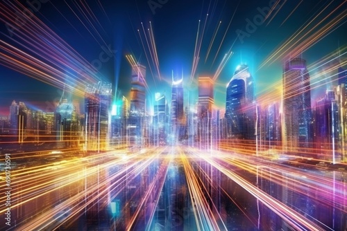 City of Tomorrow: Dynamic Speed Light Trails in a Smart Mega City with Futuristic Neon Background