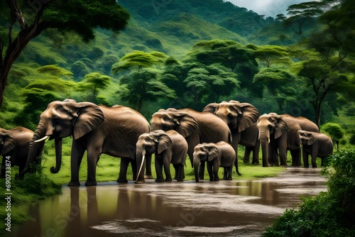 herd of elephant in the nature park in chiang mai