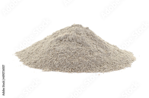 Gray cement powder isolated on white background. Pile of gray cement powder on a white background. Handful of gray cement powder isolated on a white background.