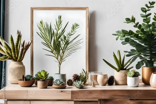 stylish and botany interior of living room with mock up poster frame, wooden accessories, succulents, forest cones, plants, notes and personal stuff. minimalistic and botanical home