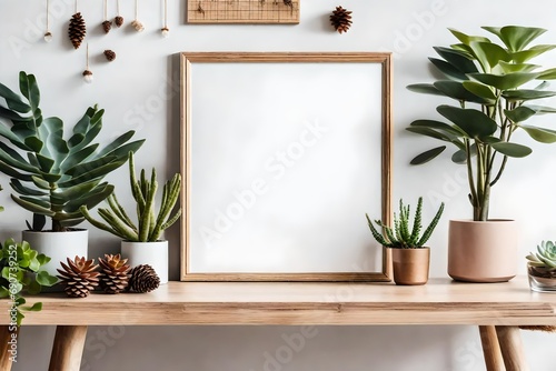 **stylish and botany interior of living room with mock up poster frame, wooden accessories, succulents, forest cones, plants, notes and personal stuff. minimalistic and botanical home