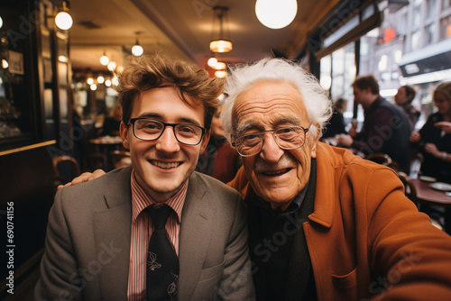 Wspólne Chwile. Dziadek i dorosły wnuk uwieczniają szczęśliwe chwile w restauracji, zgłębiając rodzinne więzi i ciesząc się podczas wspólnego selfie.