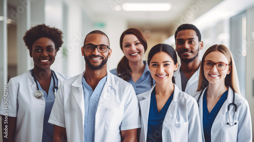 Diverse Harmony: Smiling Young Healthcare Professionals in Uniformed Group Portrait. Labor Day in North America.