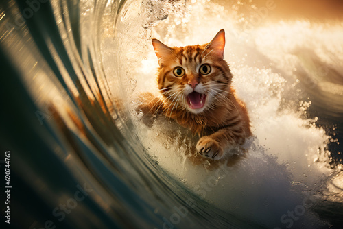 cat surfing on a wave , on ocean sea on summer vacation holidays, wave. Wind, pleasure . copy space