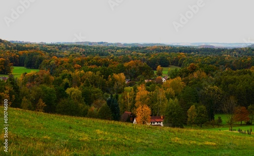 Jesienna panorama na las i ukryte w nim domy