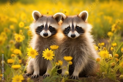 Two cute fluffy raccoons sit together in a sunny spring garden