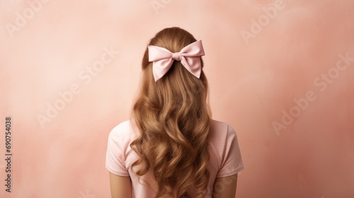 Back view of young beautiful woman with long curly hair and pink bow on her head. Peach Fuzz color background