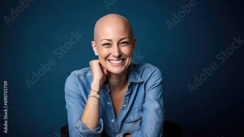 Joyful bald woman cancer patient , smiling confidently at the camera