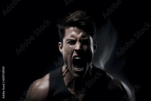 bodybuilder athlete screaming on black background. Neural network AI generated art
