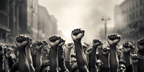 Group of fists raised in air. Group of protestors fists raised up in the air. ai generative