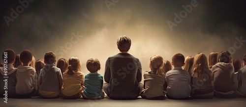 Rear view of group of school kids sitting and listening to teacher in classroom. Copyspace image. Header for website template