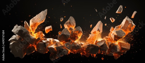 Split debris of stone exploding with orange dust against black background. Copyspace image. Header for website template