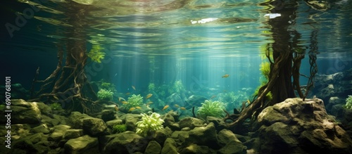 Riparian habitat ecosystem of forest lake shore with tree roots moss and aquatic plants in a over under split underwater view. Copyspace image. Header for website template