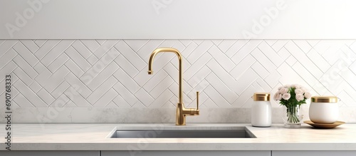 Sink detail shot in a luxury kitchen with herringbone backsplash tiles white marble countertop and gold faucet. Copyspace image. Header for website template