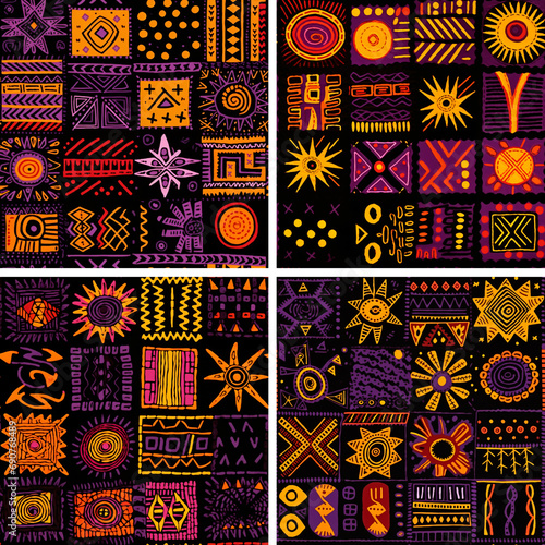 Set of 4 seamless illustration. Bright African patterns on a black background