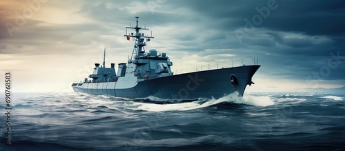 warship view navy forces at sea ship sailing at sea. Copyspace image. Header for website template