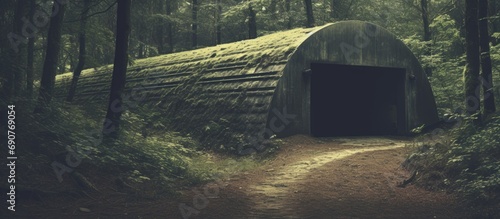 Retro filtered picture of a bunker hidden in forest. Copyspace image. Header for website template