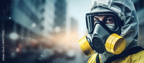 Worker in protective suit against hazardous gas Health care worker. Copyspace image. Square banner. Header for website template