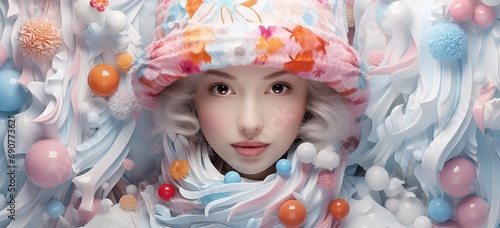 widok kobiety ubranej na biało i ciepło zimą na kolorowo w kwiatki